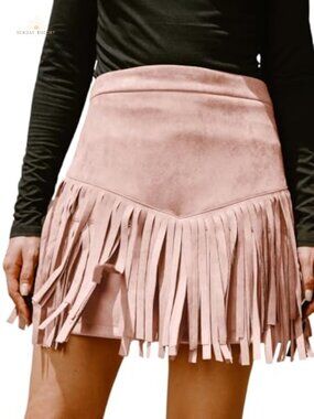 Faux Suede Fringe Mini Skirt High Waist Western A-Line